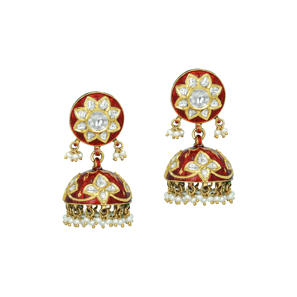 Red Enamel Polki Jhumkas with Pearls and Floral Motif
